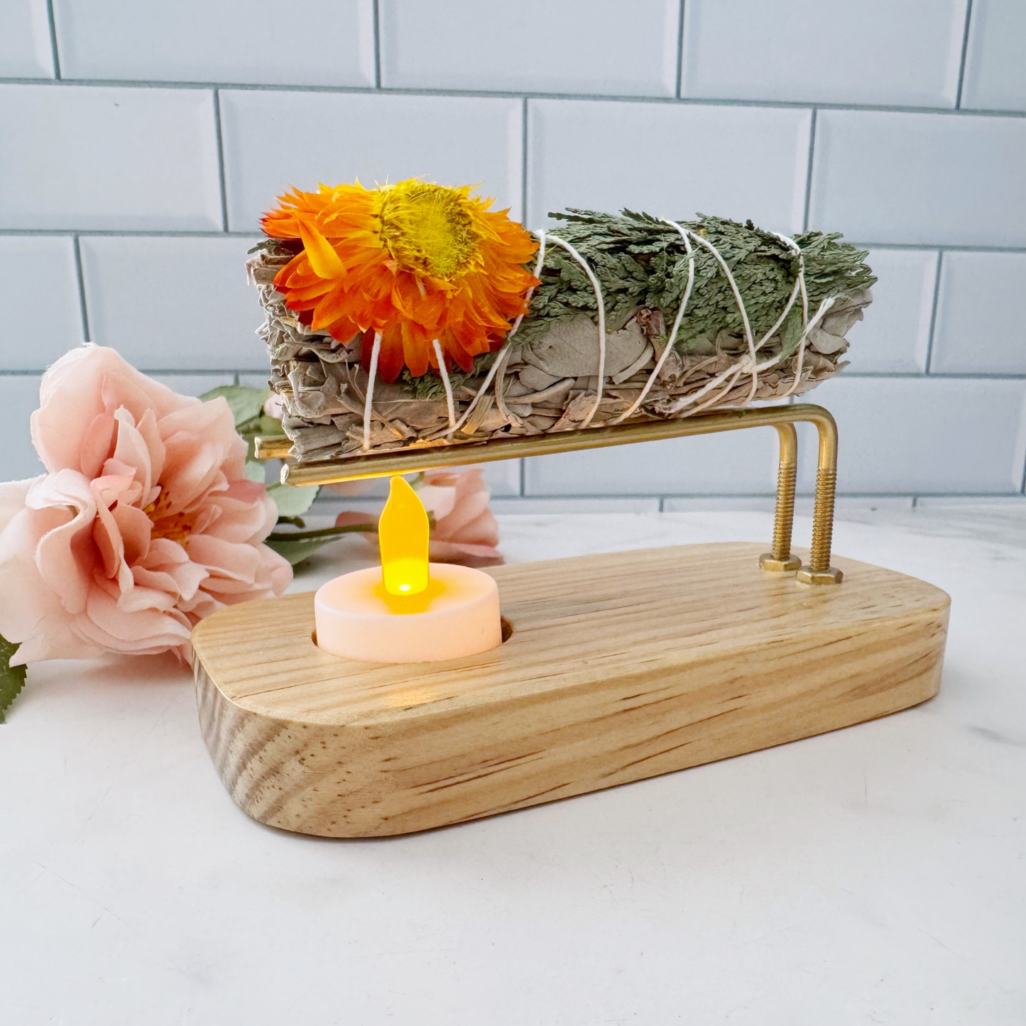 Handmade Wooden Smudge Stick Holder with Tealight Base