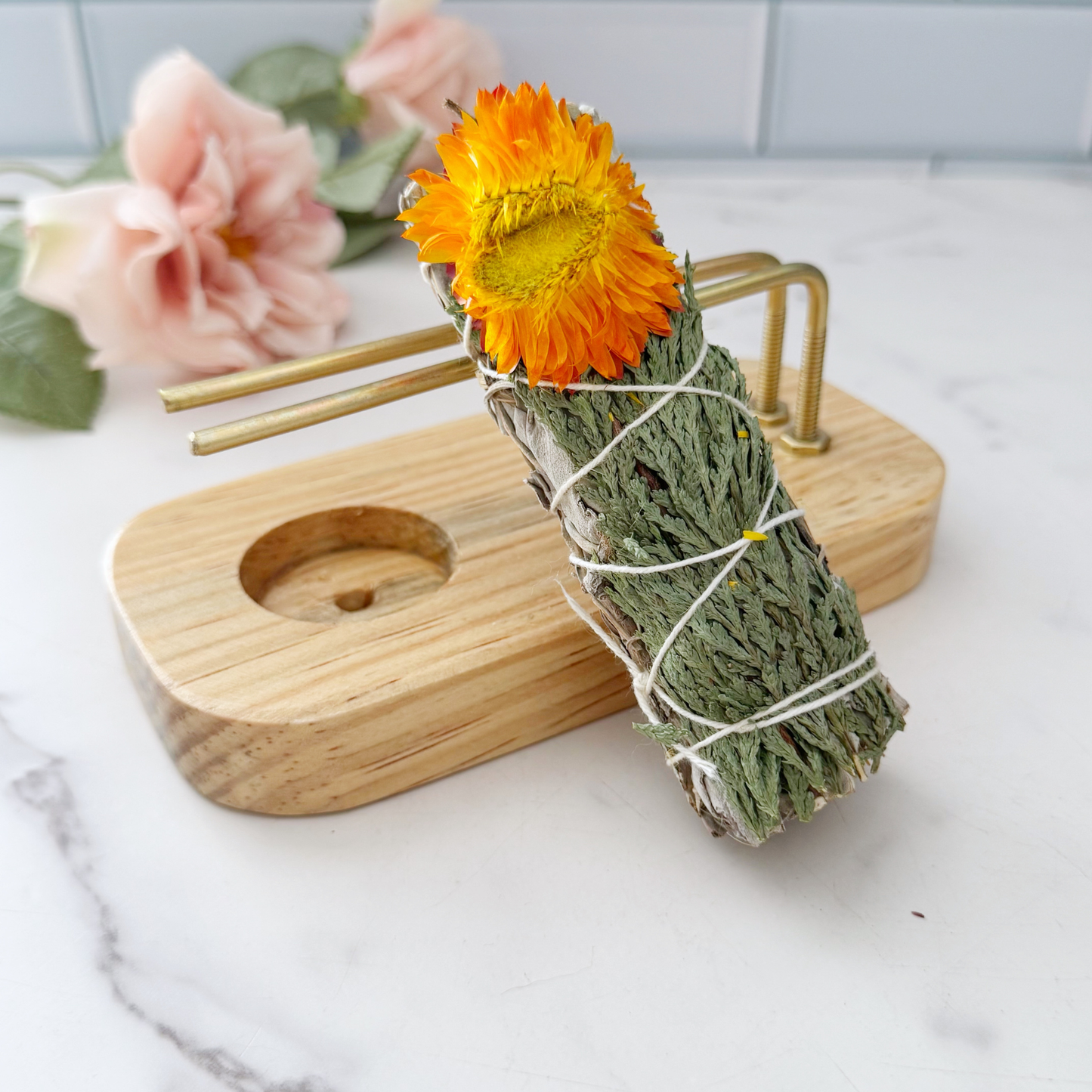 Handmade Wooden Smudge Stick Holder with Tealight Base