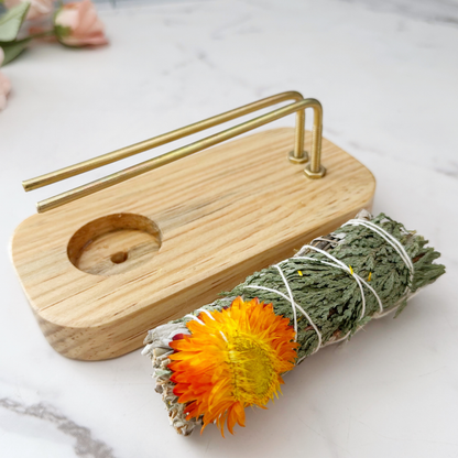 Handmade Wooden Smudge Stick Holder with Tealight Base