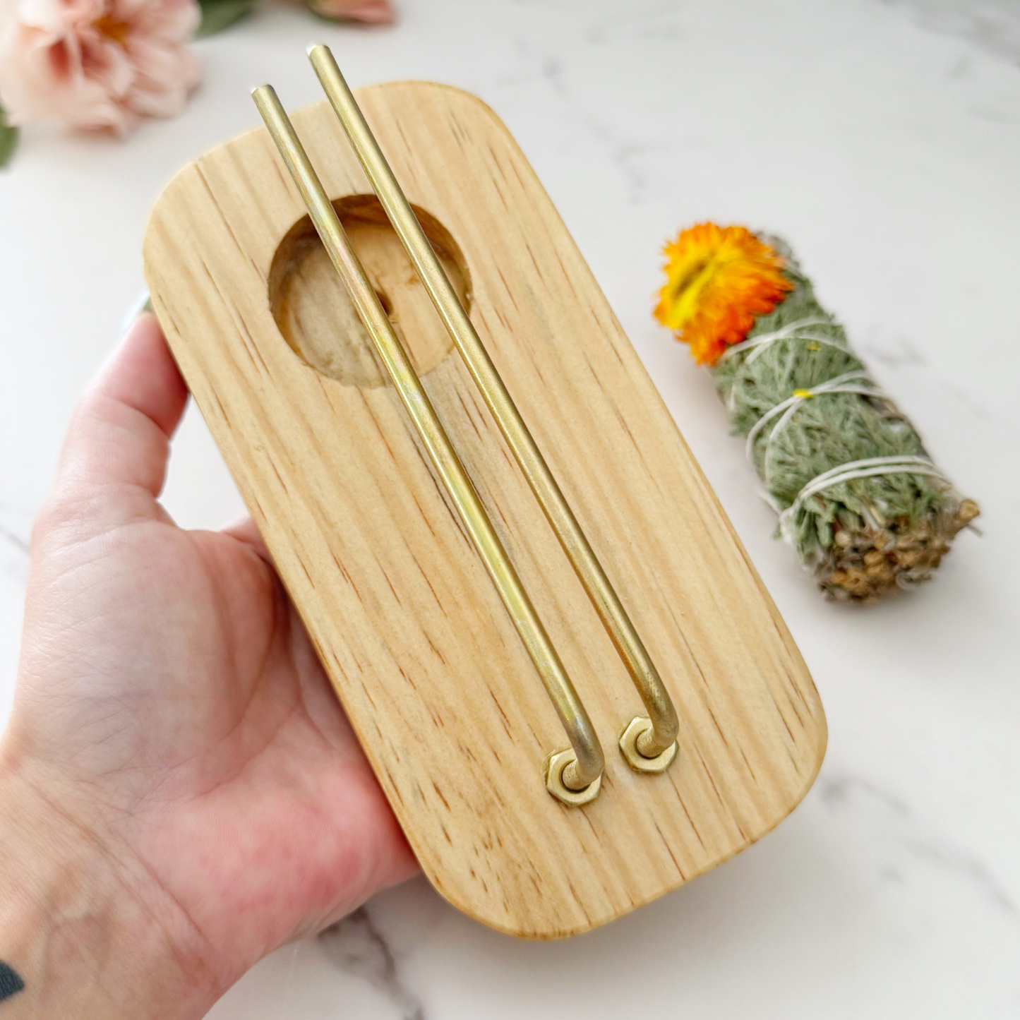 Handmade Wooden Smudge Stick Holder with Tealight Base