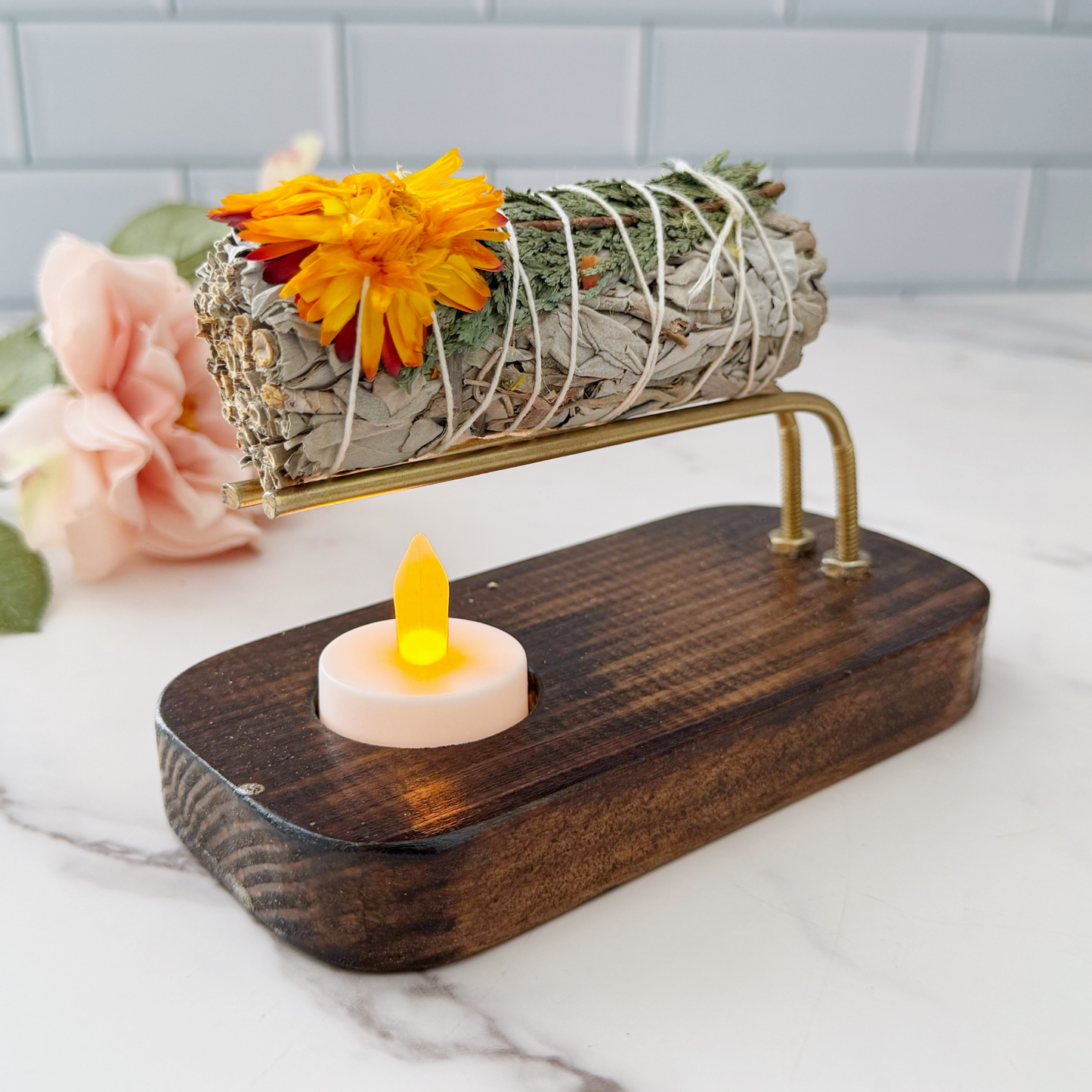 Handmade Wooden Smudge Stick Holder with Tealight Base