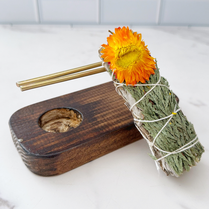 Handmade Wooden Smudge Stick Holder with Tealight Base