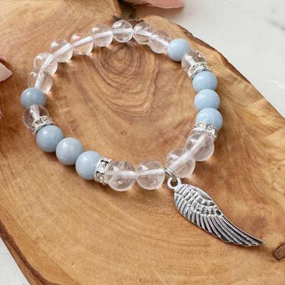 8mm Clear Quartz & Angelite Angel Wing Bracelet