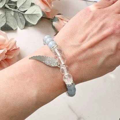 8mm Clear Quartz & Angelite Angel Wing Bracelet