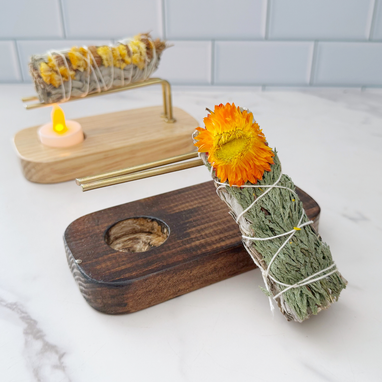 Handmade Wooden Smudge Stick Holder with Tealight Base