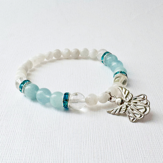8mm Aquamarine & Moonstone Beaded Bracelet with Angel Charm
