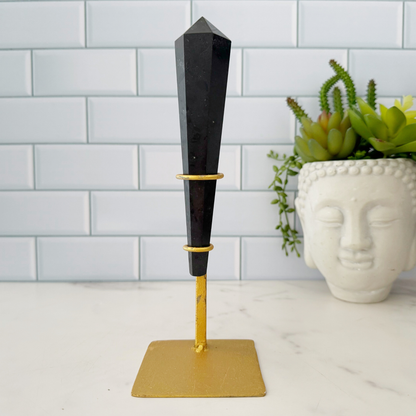 6" Black Tourmaline Polished Double Terminated Point with Gold Display Stand