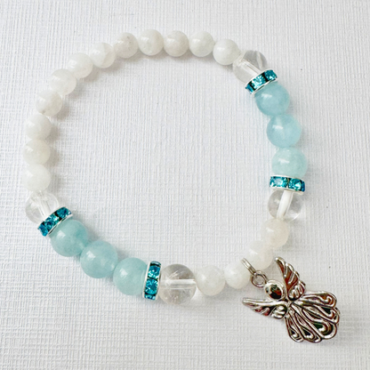 8mm Aquamarine & Moonstone Beaded Bracelet with Angel Charm