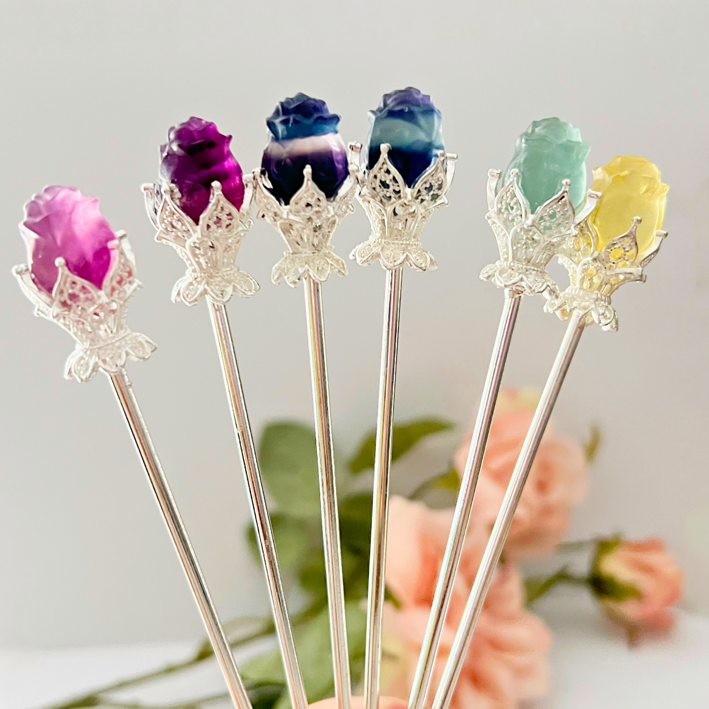 Rainbow Fluorite Rose Hair Pin