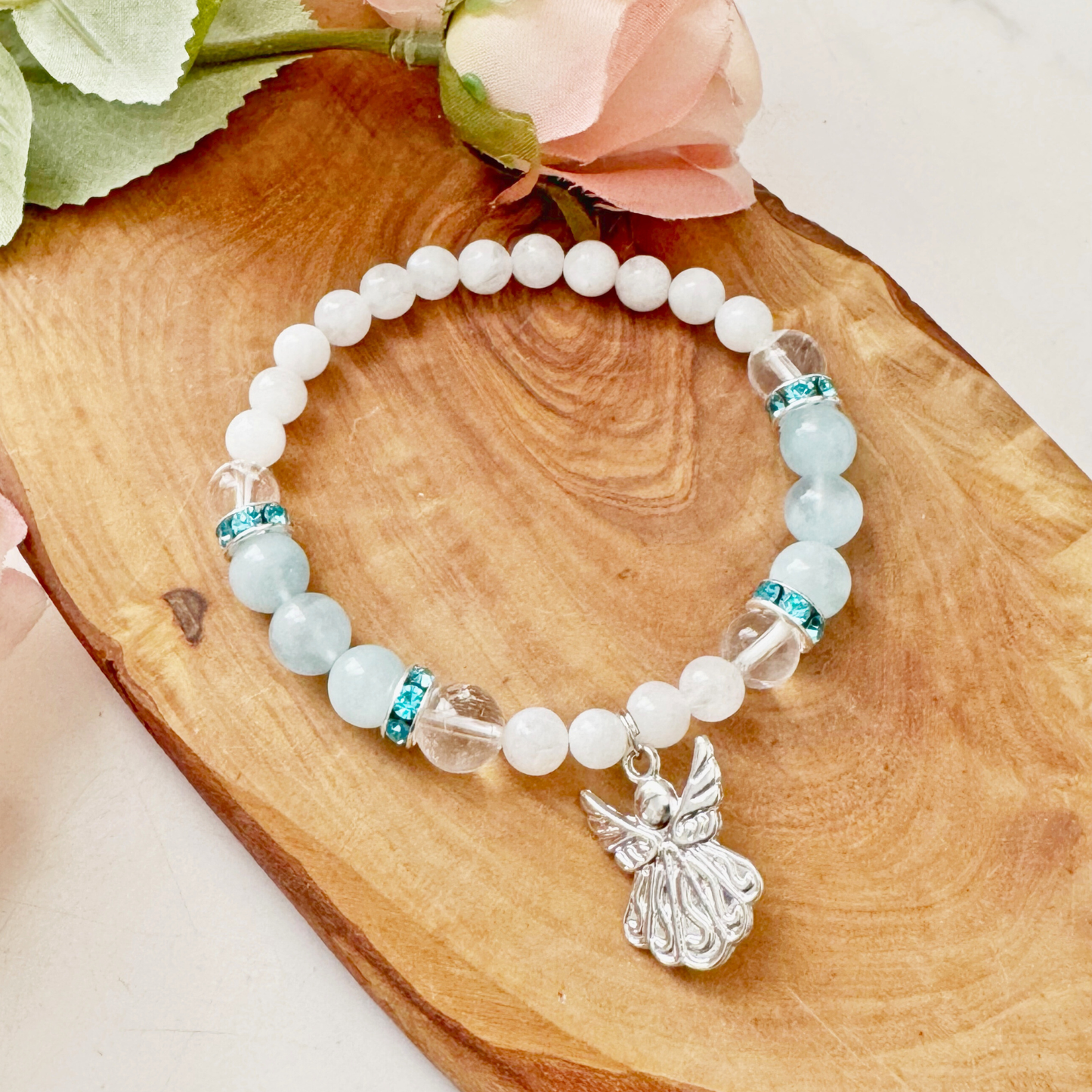 8mm Aquamarine & Moonstone Beaded Bracelet with Angel Charm