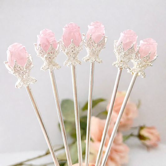 Rose Quartz Rose Hair Pin