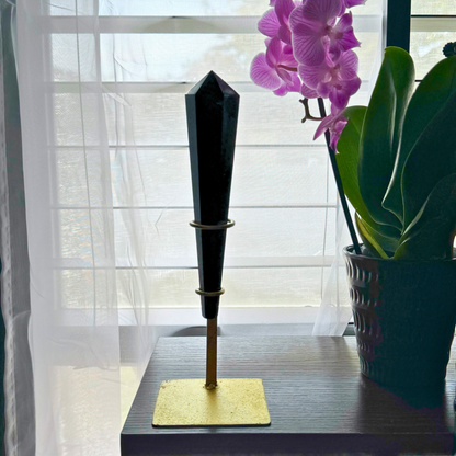 6" Black Tourmaline Polished Double Terminated Point with Gold Display Stand