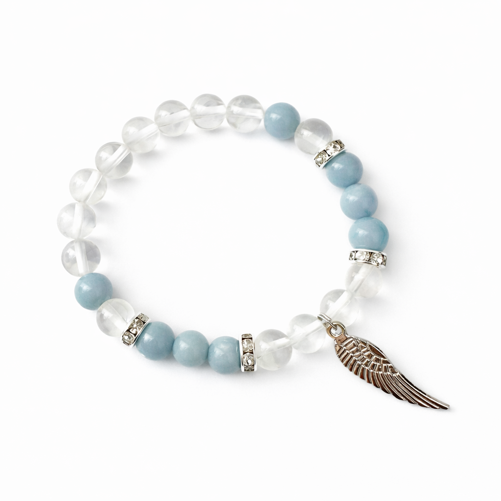 8mm Clear Quartz & Angelite Angel Wing Bracelet