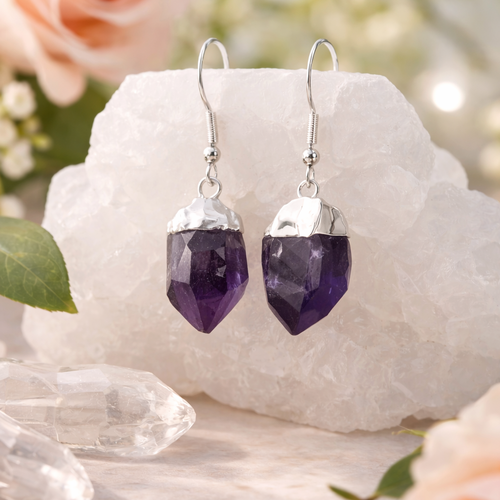 Amethyst crystal earrings on a white stone with flowers in the background