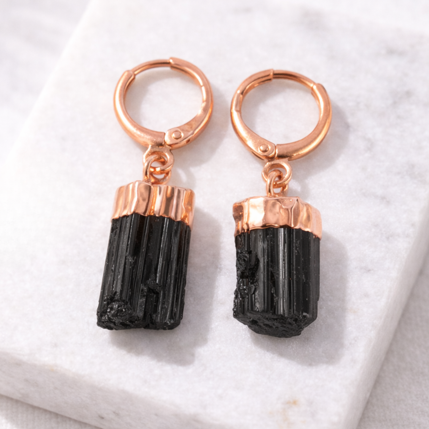 Black Tourmaline Raw Crystal Huggie Hoop Earrings