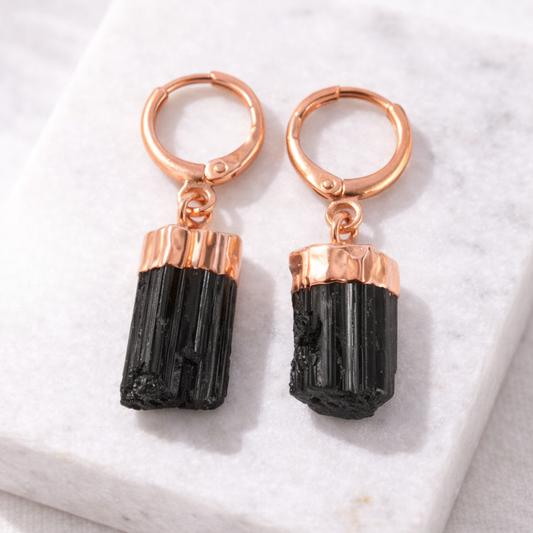 Black Tourmaline Raw Crystal Huggie Hoop Earrings