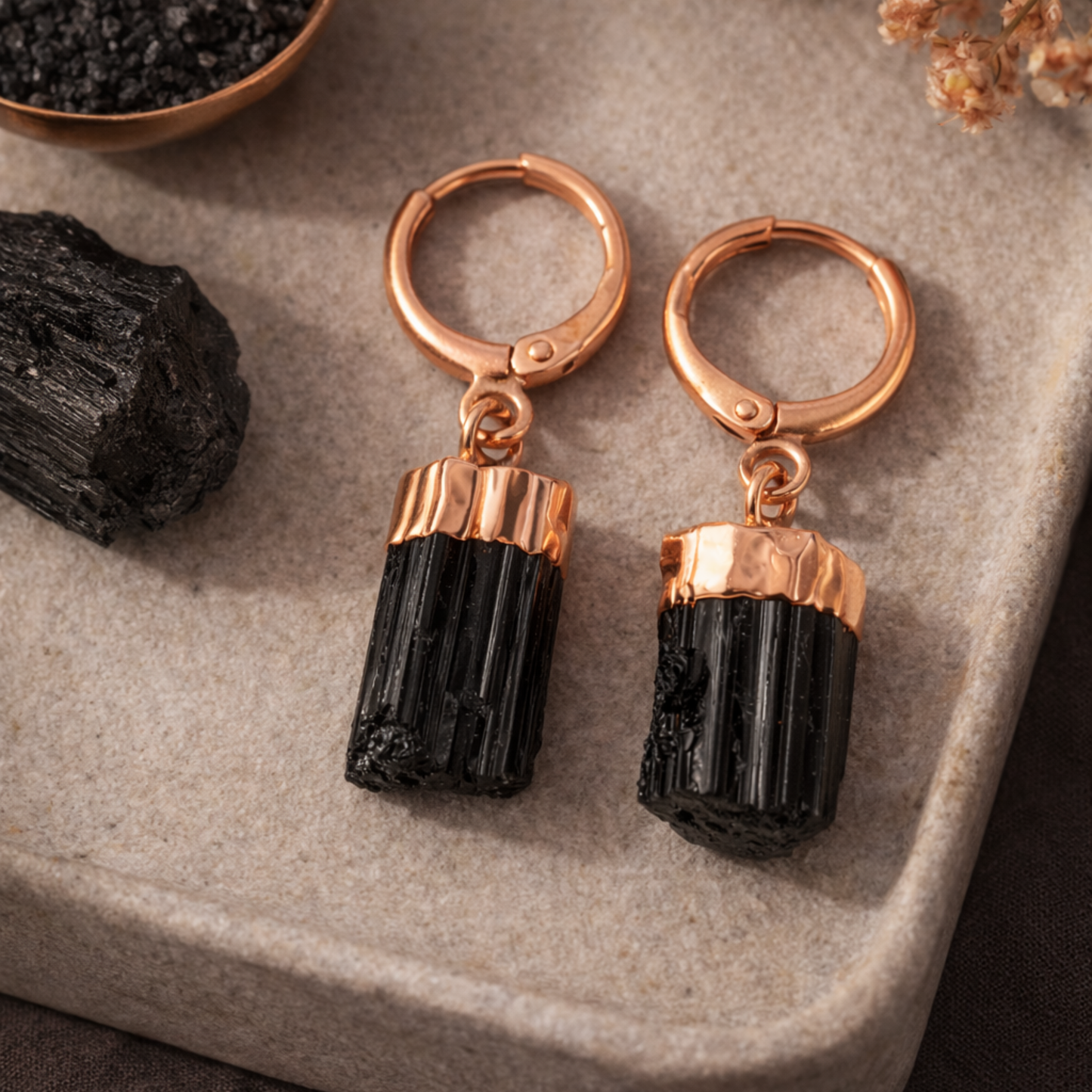Black Tourmaline Raw Crystal Huggie Hoop Earrings