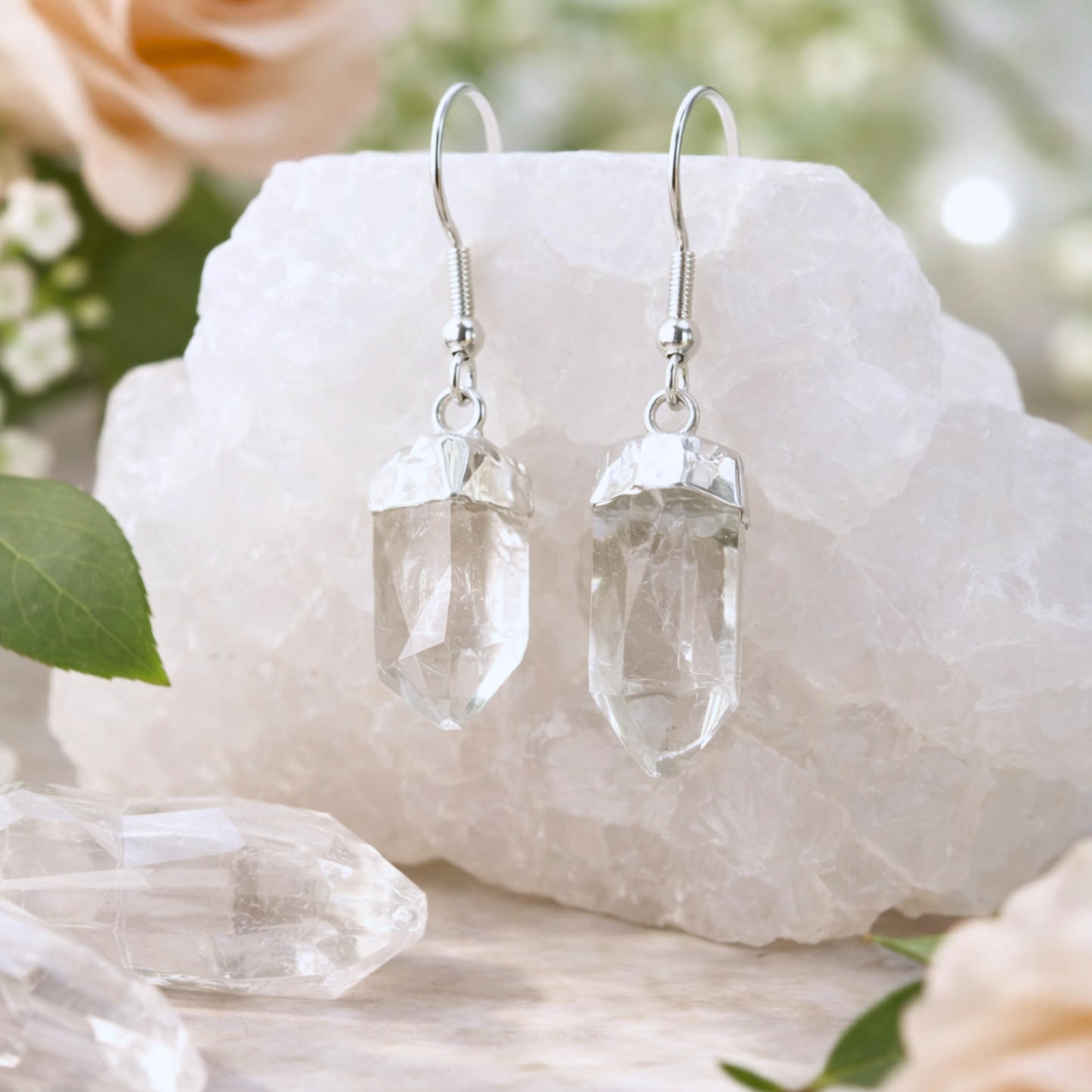 Raw Clear Quartz Point Dangle Earrings