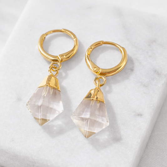 Polished Clear Quartz Point Gold Huggie Hoop Earrings