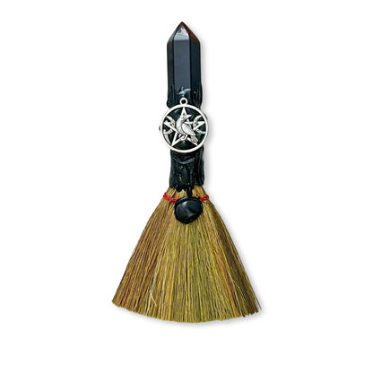 7.5" Raven & Pentacle Black Obsidian Small Besom