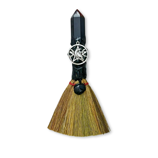 7.5" Raven & Pentacle Black Obsidian Small Besom