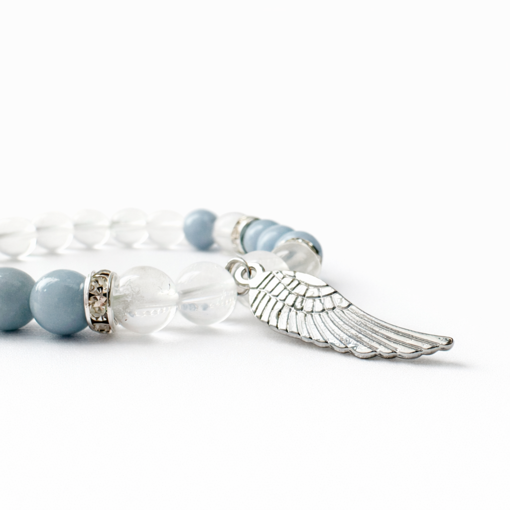8mm Clear Quartz & Angelite Angel Wing Bracelet