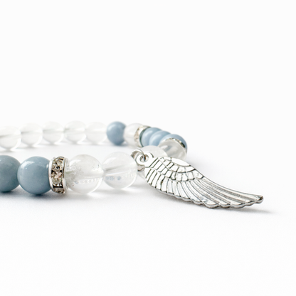 8mm Clear Quartz & Angelite Angel Wing Bracelet