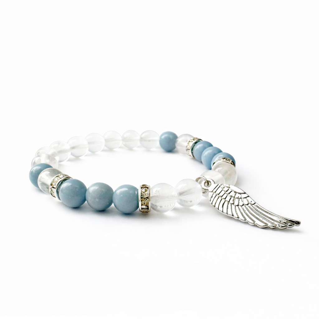 8mm Clear Quartz & Angelite Angel Wing Bracelet