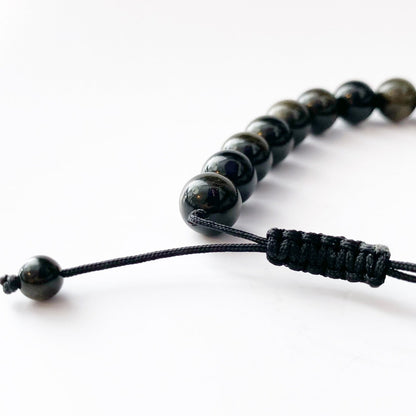 Adjustable 10mm Gold Sheen Obsidian Beaded Bracelet