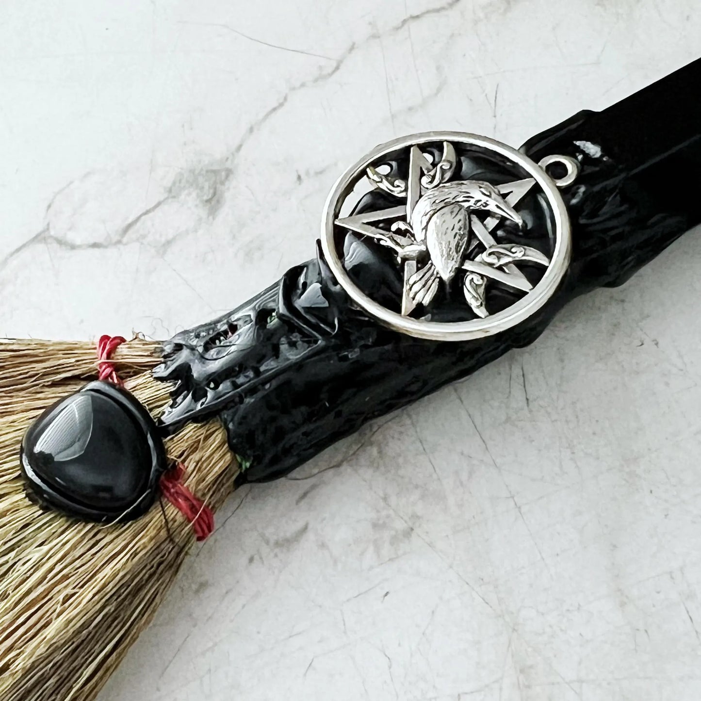 7.5" Raven & Pentacle Black Obsidian Small Besom
