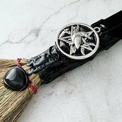 7.5" Raven & Pentacle Black Obsidian Small Besom