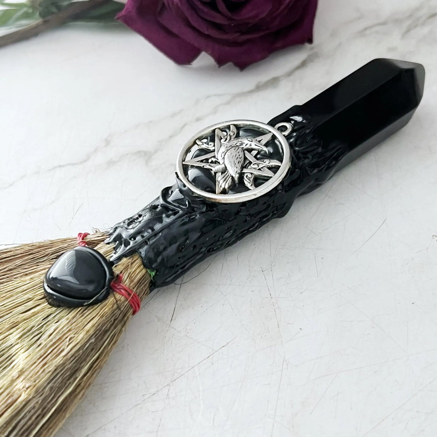 7.5" Raven & Pentacle Black Obsidian Small Besom