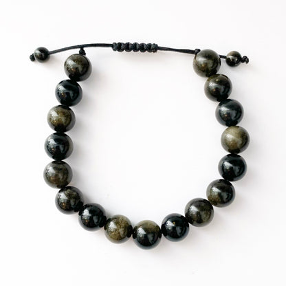 Adjustable 10mm Gold Sheen Obsidian Beaded Bracelet