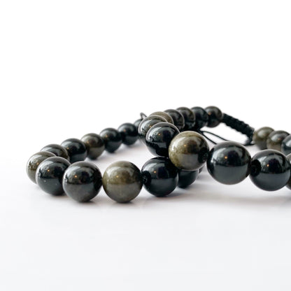 Adjustable 10mm Gold Sheen Obsidian Beaded Bracelet