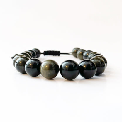 Adjustable 10mm Gold Sheen Obsidian Beaded Bracelet