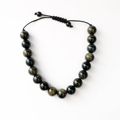 Adjustable 10mm Gold Sheen Obsidian Beaded Bracelet
