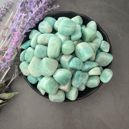 A black bowl filled with polished Amazonite Tumbled Stones sits on a smooth gray surface. To the left of the bowl, sprigs of purple lavender are visible, imparting calming energy and adding a touch of color to the composition.
