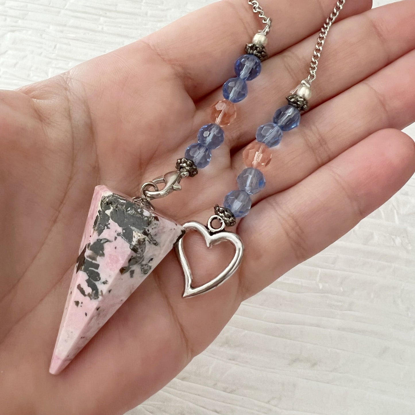 Rhodonite Hexagonal Pendulum with Heart Charm