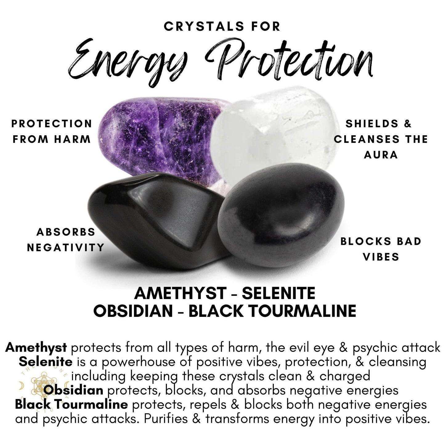 An image titled "Crystals for Energy Protection" featuring an Energy Protection Crystal Kit with Amethyst, Selenite, Obsidian, and Black Tourmaline. Amethyst protects from harm, Selenite shields and cleanses the aura, Obsidian absorbs negativity, and Black Tourmaline blocks bad vibes. Text explains their benefits.