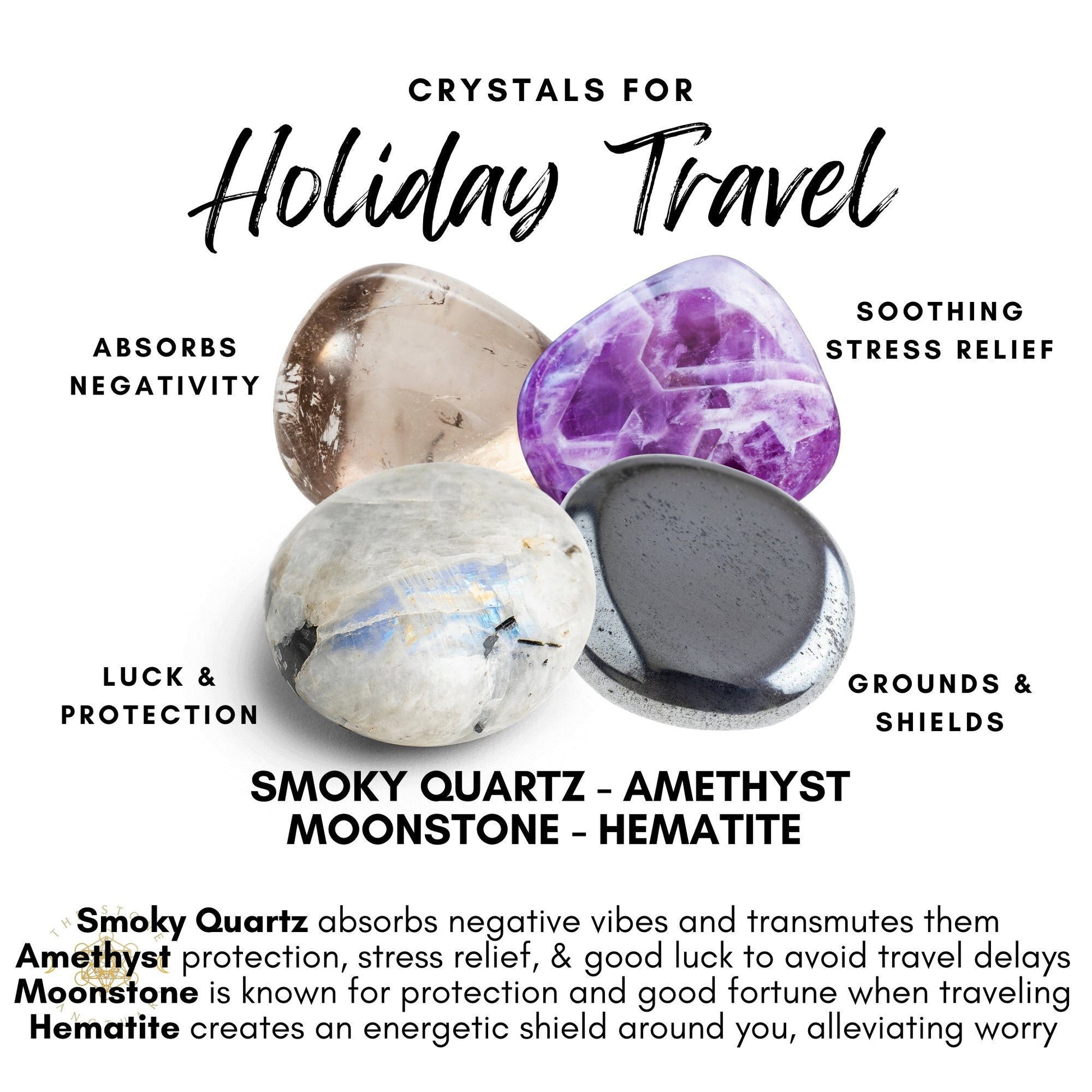 Four crystals labeled as "Holiday Travel Crystal Kit." From left to right: Smoky Quartz (absorbs negativity), Moonstone (luck and protection), Amethyst (soothing stress relief), and Hematite (grounds and shields). This travel kit features healing crystals perfect for your journey.