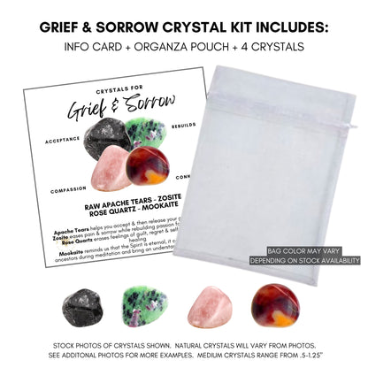 Image featuring three crystals: Apache Tears, Rose Quartz, and Mookaite. Each crystal is accompanied by descriptive text about its healing properties. Apache Tears: Acceptance, Zoisite: Rebuilds, Rose Quartz: Compassion, Mookaite: Connects. Text at the bottom reads "Grief Crystal Kit - RAW APACHE TEARS - ZOISITE - ROSE QUARTZ.