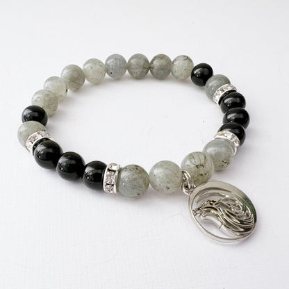 8mm Labradorite & Black Tourmaline Beaded Bracelet w/ Wolf Charm