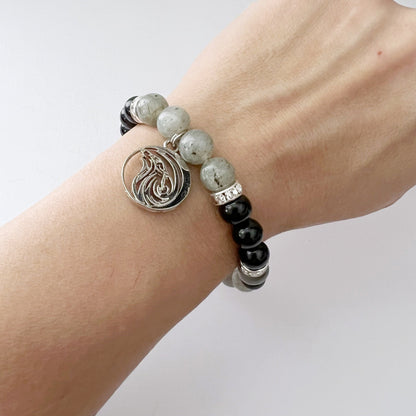 8mm Labradorite & Black Tourmaline Beaded Bracelet w/ Wolf Charm