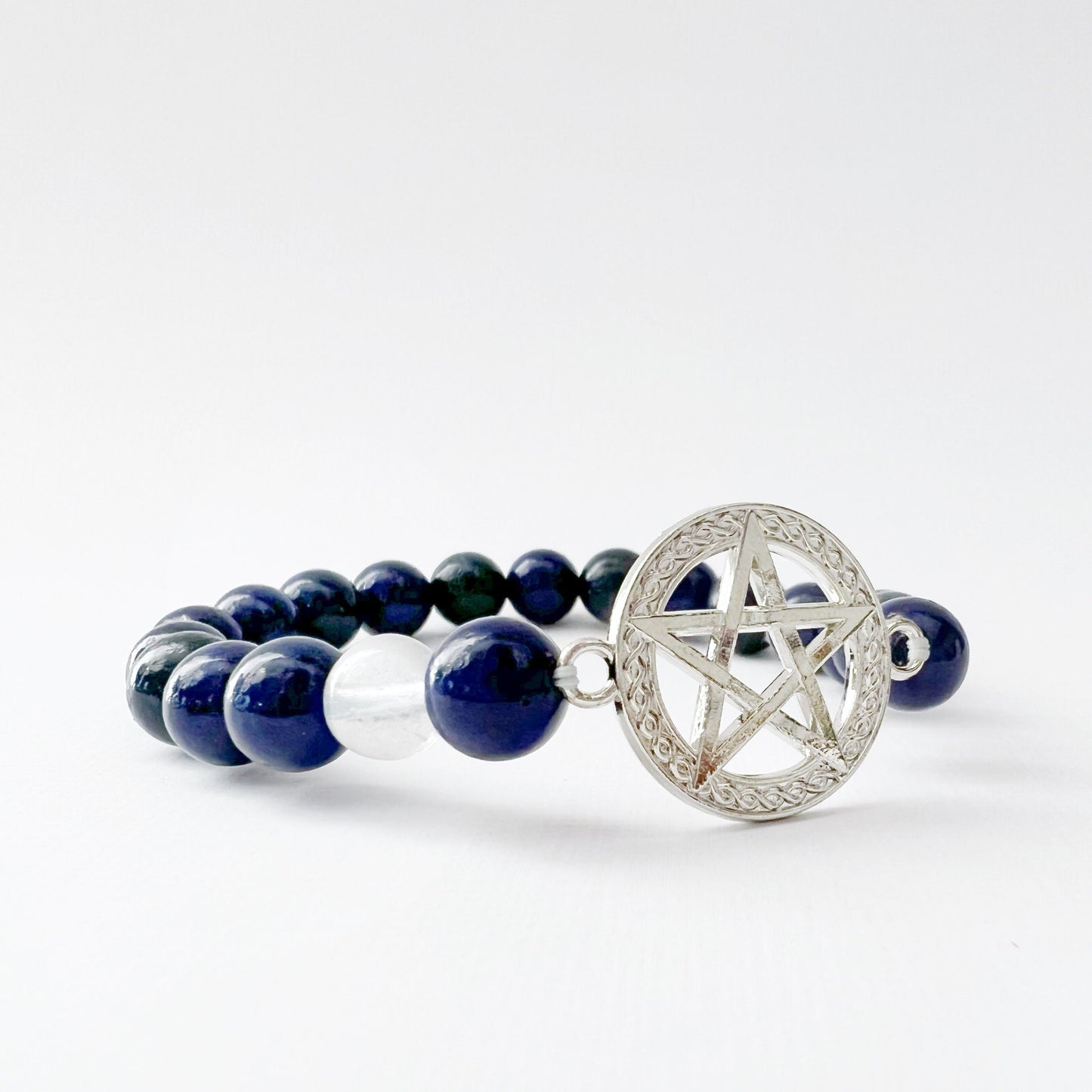 8mm Lapis Lazuli & Clear Quartz Beaded Bracelet with Pentacle Charm