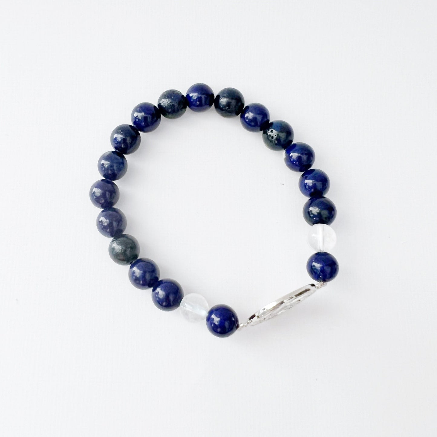 8mm Lapis Lazuli & Clear Quartz Beaded Bracelet with Pentacle Charm