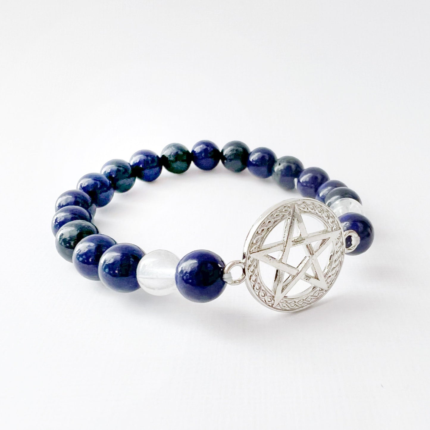 8mm Lapis Lazuli & Clear Quartz Beaded Bracelet with Pentacle Charm