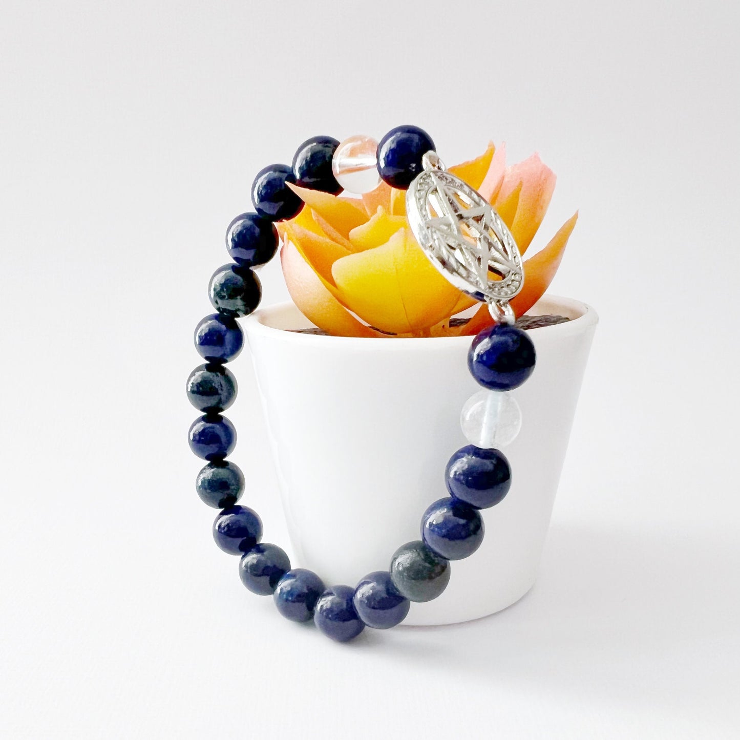 8mm Lapis Lazuli & Clear Quartz Beaded Bracelet with Pentacle Charm